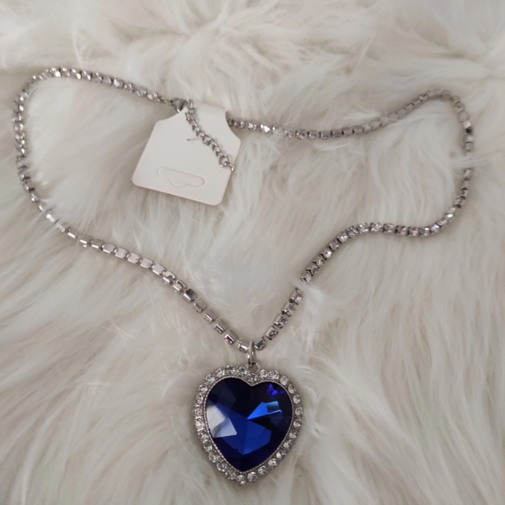 Blue White Crystal Heart Long Necklace